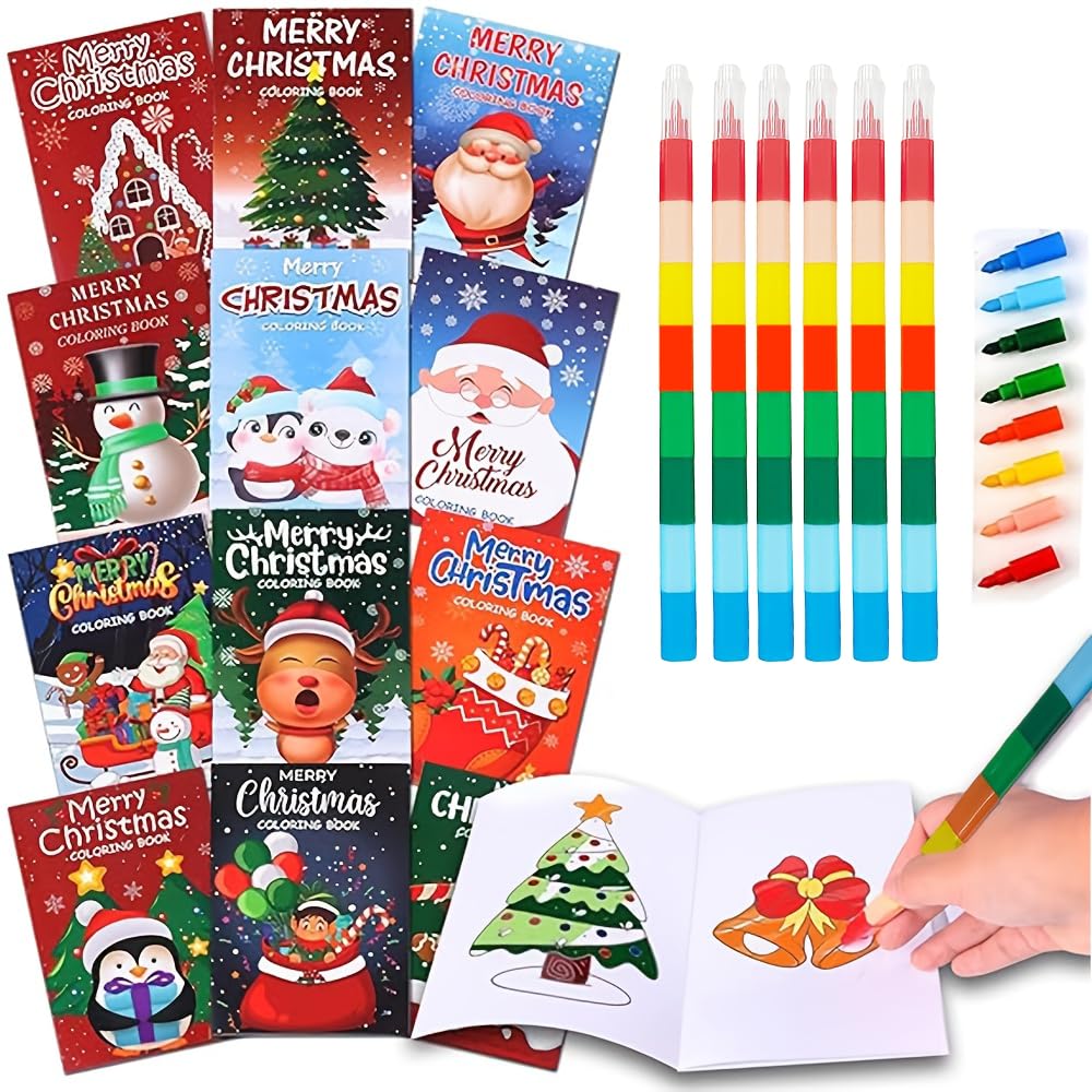 48Pcs Christmas Coloring Book for Kids with Crayons, Christmas Activity Books Mini Coloring Books Bulk DIY Art Drawing Book Set Xmas Stockings Goodie Bags Stuffer Filler Beautiful Holiday Designs