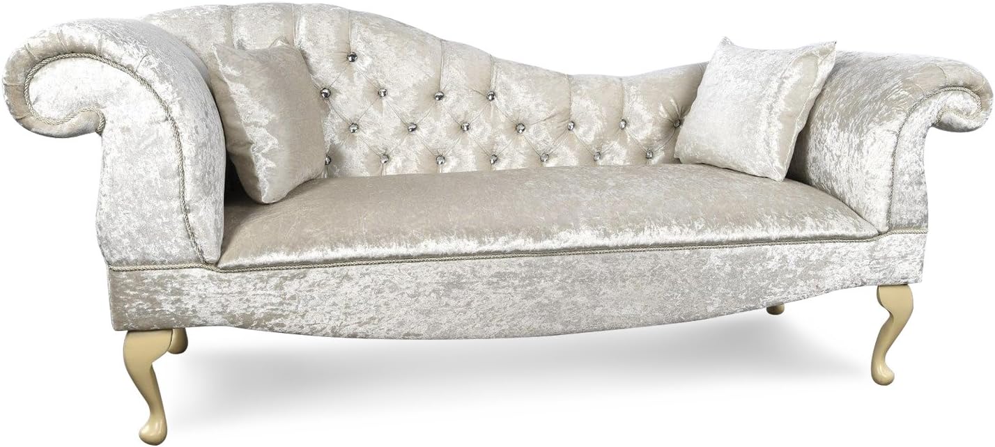 Paradise Furniture Crushed White Velvet Tufted Chaise Lounge Sofa Lounger Classic Button Style