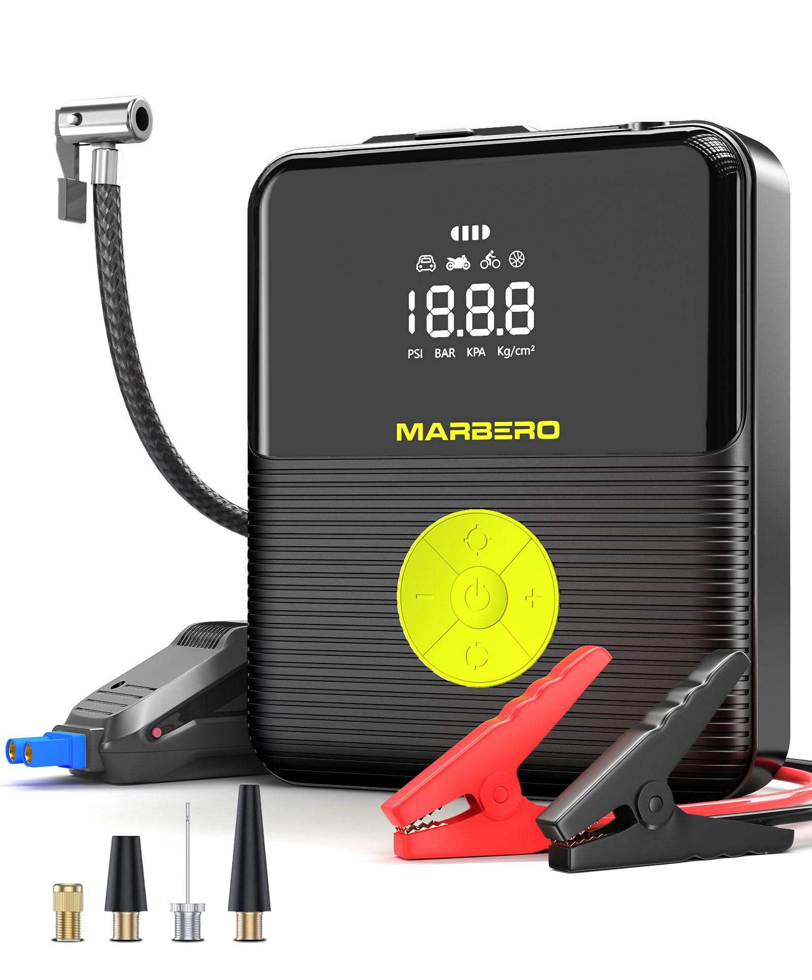 Portable Car Jump Starter with Air Compressor 3500A MARBERO 12V Portable Car Battery Booster Pack 8.0 Gas/7.0L Diesel 150PSI Digital Tire Inflator Jump Box with Digital Screen, Flashlights, Power Bank