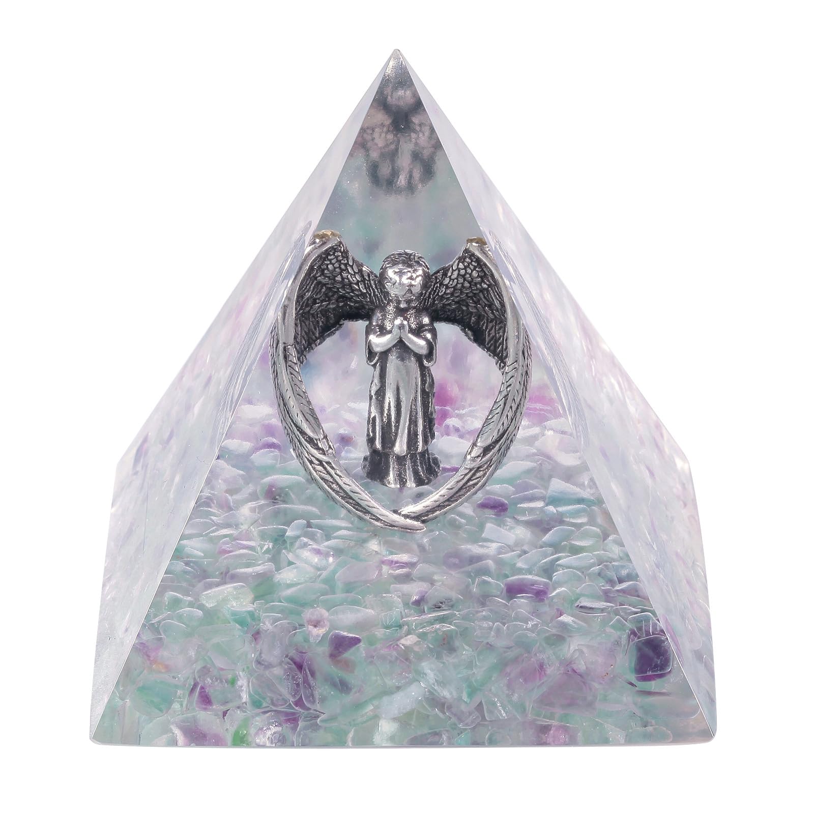 Nupuyai Angel Fluorite Crystal Pyramid Spiritual Ornament, Reiki Healing Stone Quartz Point Energy Feng Shui Pyramid Home Office Decor