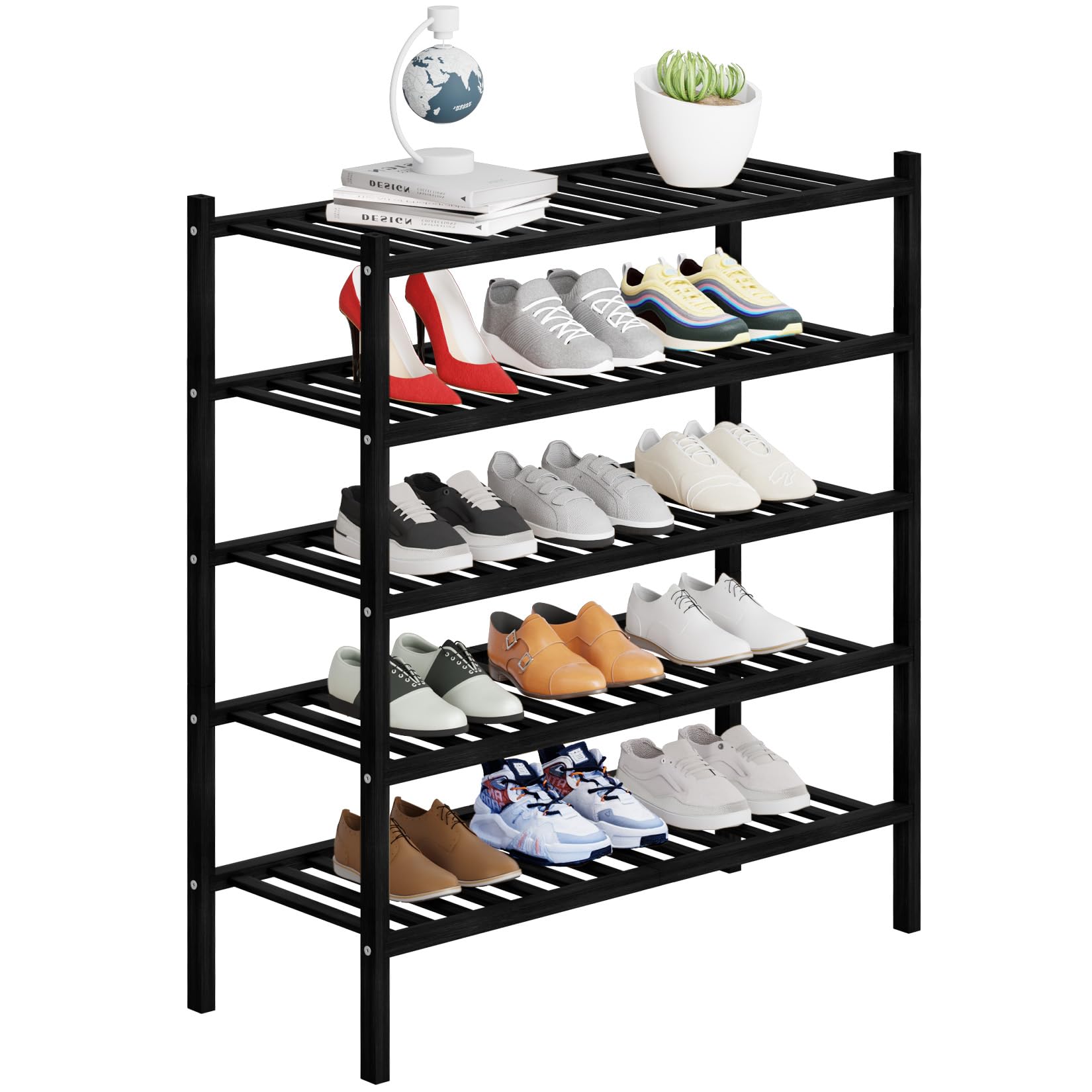 Photo 1 of Buymoth 5 Tier Bamboo Shoe Rack Storage Organizer for Closet, Multifunctional Stackable Free Standing Shoe Shelf Organizer for Small Space,Entryway, Hallway, Bathroom27 x11 x32 (Black, 5 Tier)