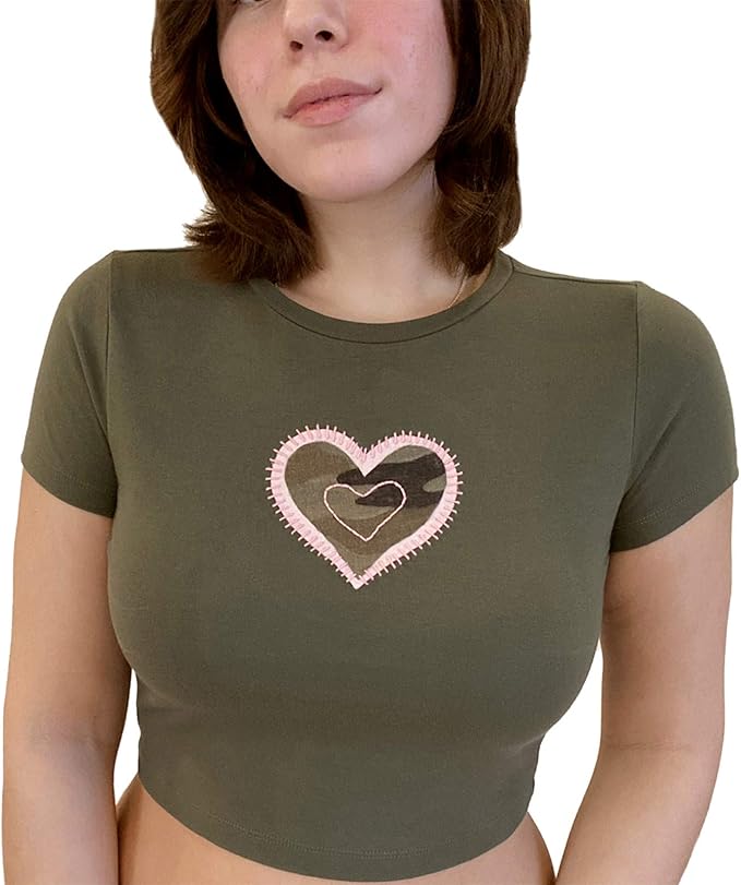 Amazon.com: Women Sexy Crop Tops Heart Pattern Short Sleeve Slim Fit Crop Tee Tops Girl Summer T 