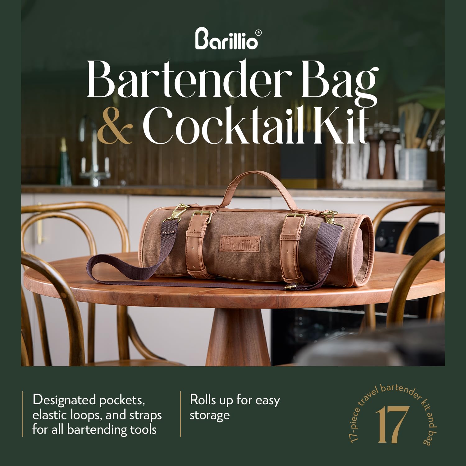 Barillio Bartender Kit Bag with Cocktail Shaker Set - Waxed Canvas, Traveling Bar Tools Bag with 17-Pc Cocktail Kit - Travel Mixology Bartending Kits - Mobile Bar Bag with Strap & Accessories - Silver - Image 2