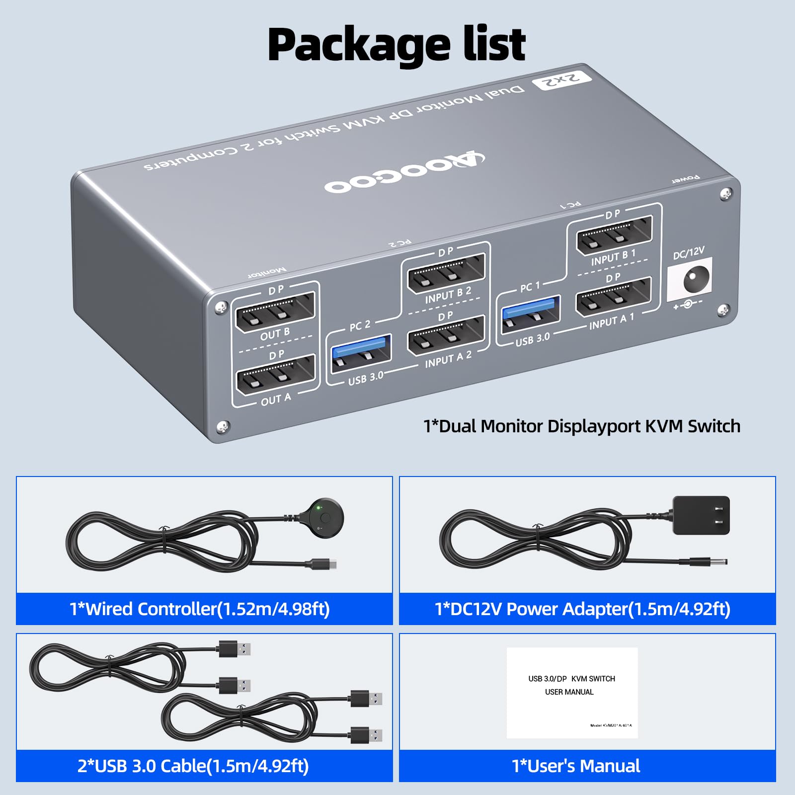 Displayport KVM Switch 2 Computers 2 Monitore, 8K@60Hz/4K@240Hz Dual Monitore KVM Switch with 4 USB3.0 Ports, USB Kabeln und Netzteil, ideal für Homeoffice und Gaming 9