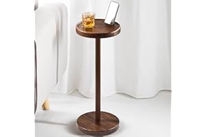BLUEWEST Drink Table, 24.4" Tall Compact Side Table with Phone Slot and Weighted Base, Durable Pedestal Table Accent for Living Room (Flat, Walnut)