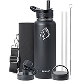 BUZIO 40 oz Water Bottle Insulated with Straw & 3 lid and Carrying Pouch, Leak Proof Anti-Slip Stainless Steel Water Flask Jug, Cold for 48 Hrs Double Vacuum Thermo Canteen, BPA-Free, Black