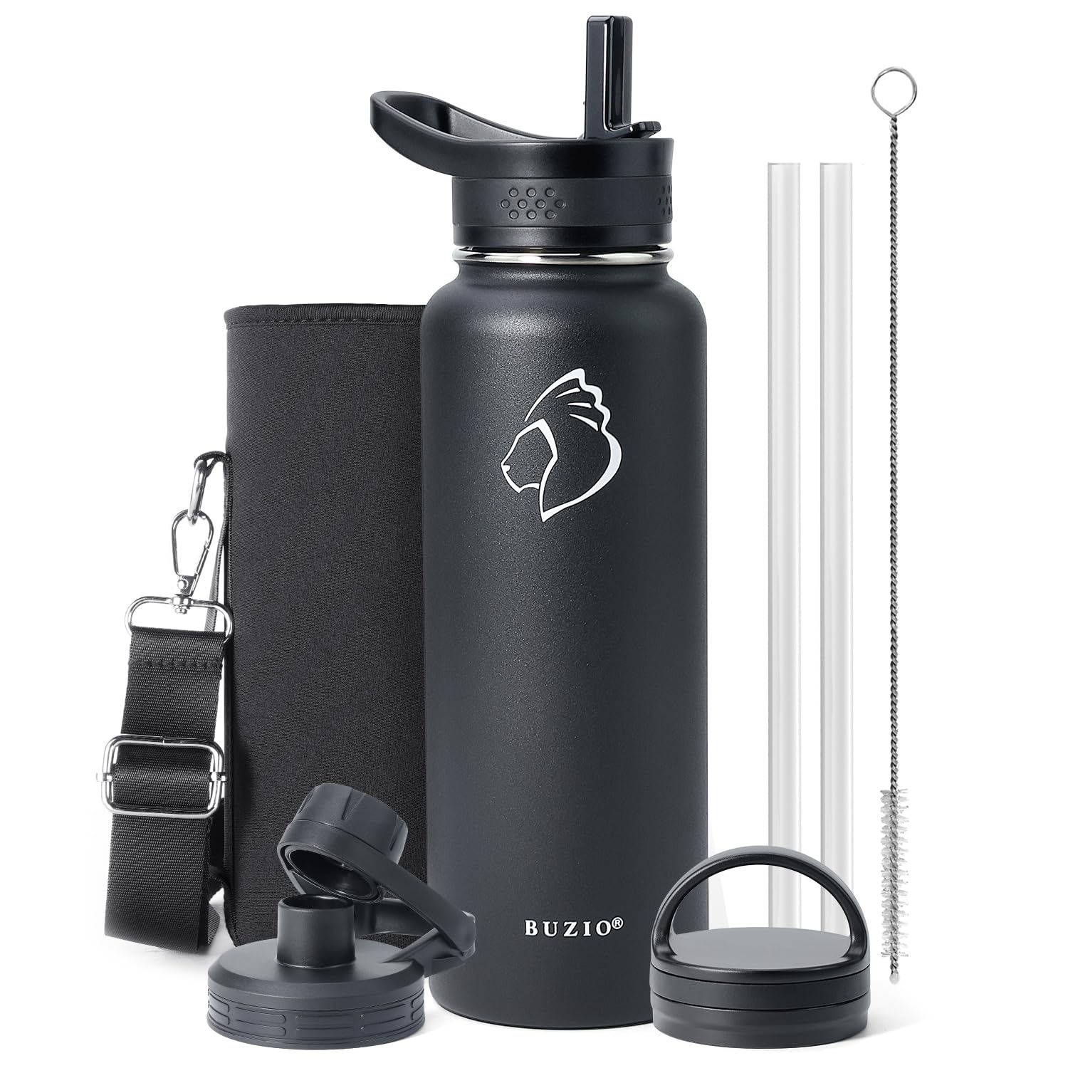 BUZIO 1180ml Water Bottle, Stainless Steel Insulated Water Flask with Straw Lids, Canteen Metal Thermo Mug Hydro Cup Jug, Double Vacuum Hot Cold Water Bottles with Carrying Pouch, Black