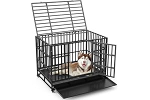 Holiwei 48'' Heavy Duty Dog Crate Metal Indestructible Dog Cage, Escape Proof Dog Kennel with Lockable Wheels, Removable Tray