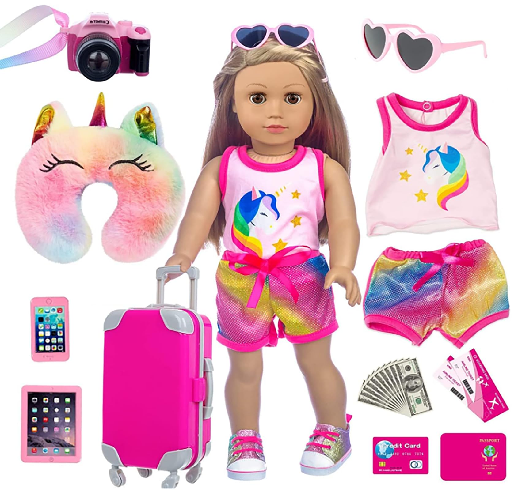 ZITA ELEMENT 24 Pcs 18 Inch Girl Doll Accessories Suitcase Travel Set Including Clothes Suitcase Camera Cell Phone Neck Pillow Sunglasses and Other Travel Set(Doll&Shoes Are Not Included)