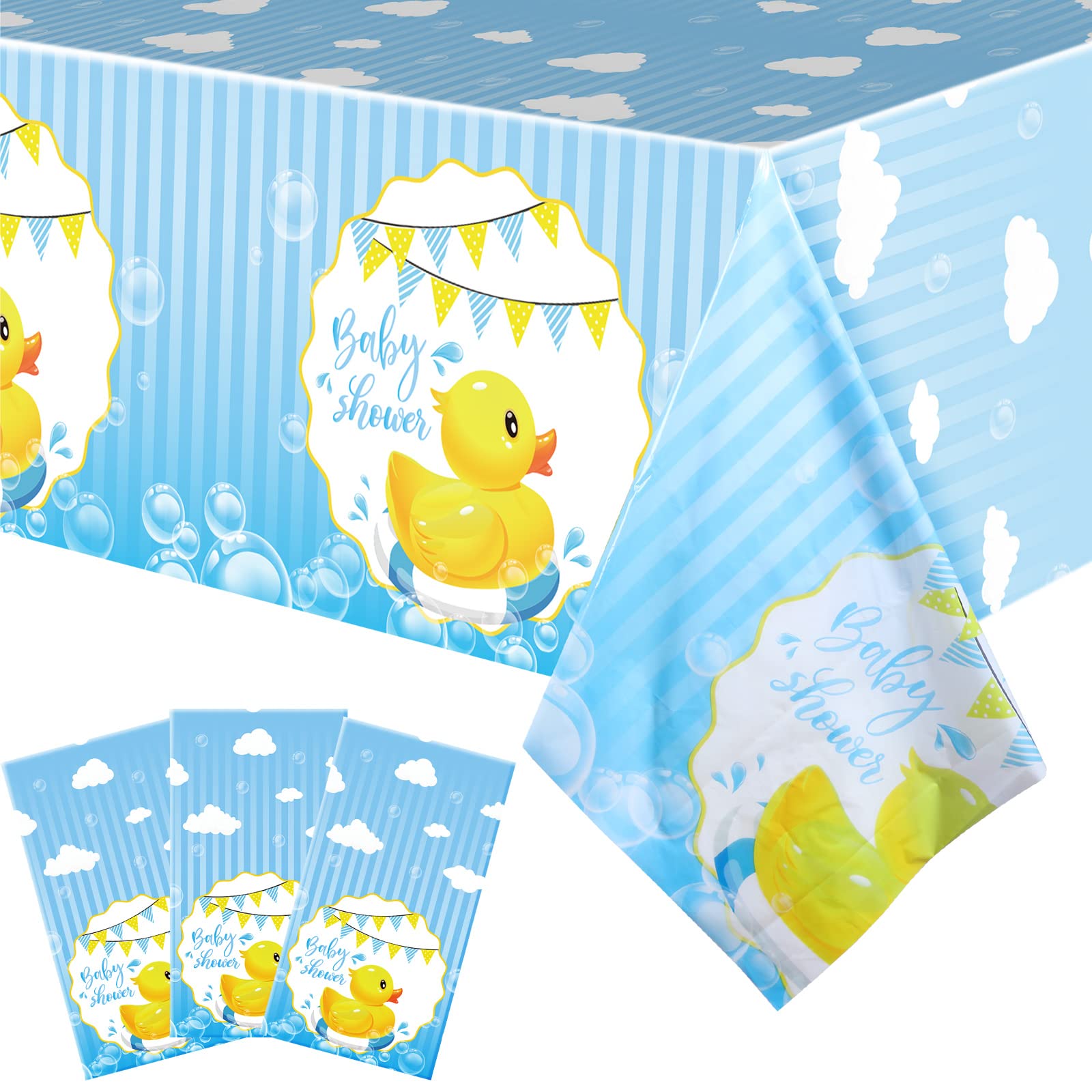 Photo 1 of Coume 3 Pcs 54 x 108 Inch Yellow Duck Tablecloth Cute Bubble Rubber Ducky Table Cover Rectangle Disposable Birthday Party Supplies for Baby Shower Favors