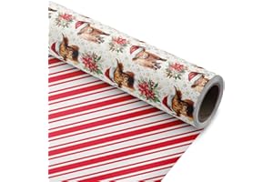 ZINTBIAL Highland Cow Reversible Christmas Wrapping Paper Roll - Gift Wrap with Red & White Stripes on Reverse - Perfect for Holidays, Birthdays, and Halloween - 17.5 in x 33 ft (48 sq. ft)