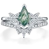 LieYovanaRing 1.7 Carats Natural Moss Agate Bridal Sets Sterling Silver Kite Cut Wedding Ring Set for Women, 18K White Gold Platinum Plated Moss Agate Moissanite Engagement Ring Sets Gift for Anniversary Birthday