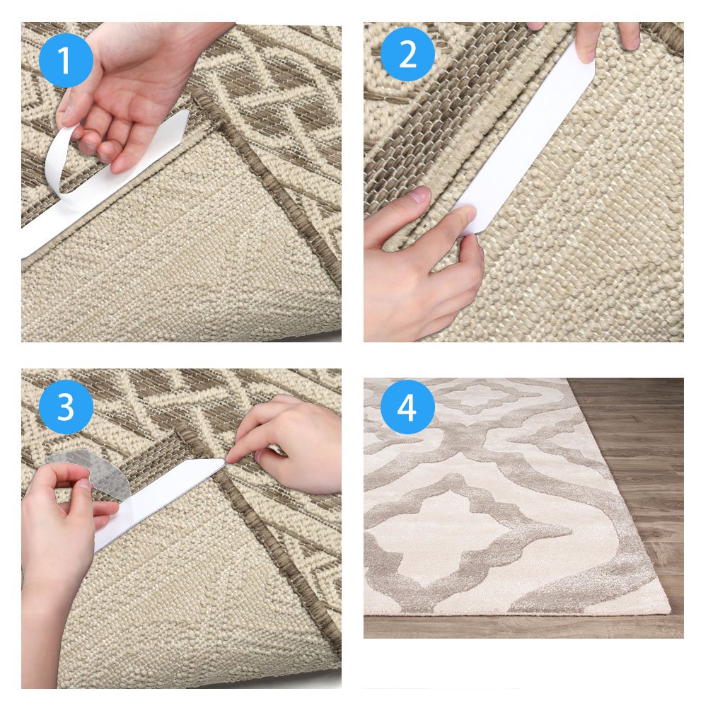 SUAYLLA 8 pcs White Anti Curling Rug Gripper. Anti Slip Straight Carpet Gripper for Corners and Edges - Renewable Rubber Tape for Carpets - Ideal Rug Stopper For Kitchen Bathroom