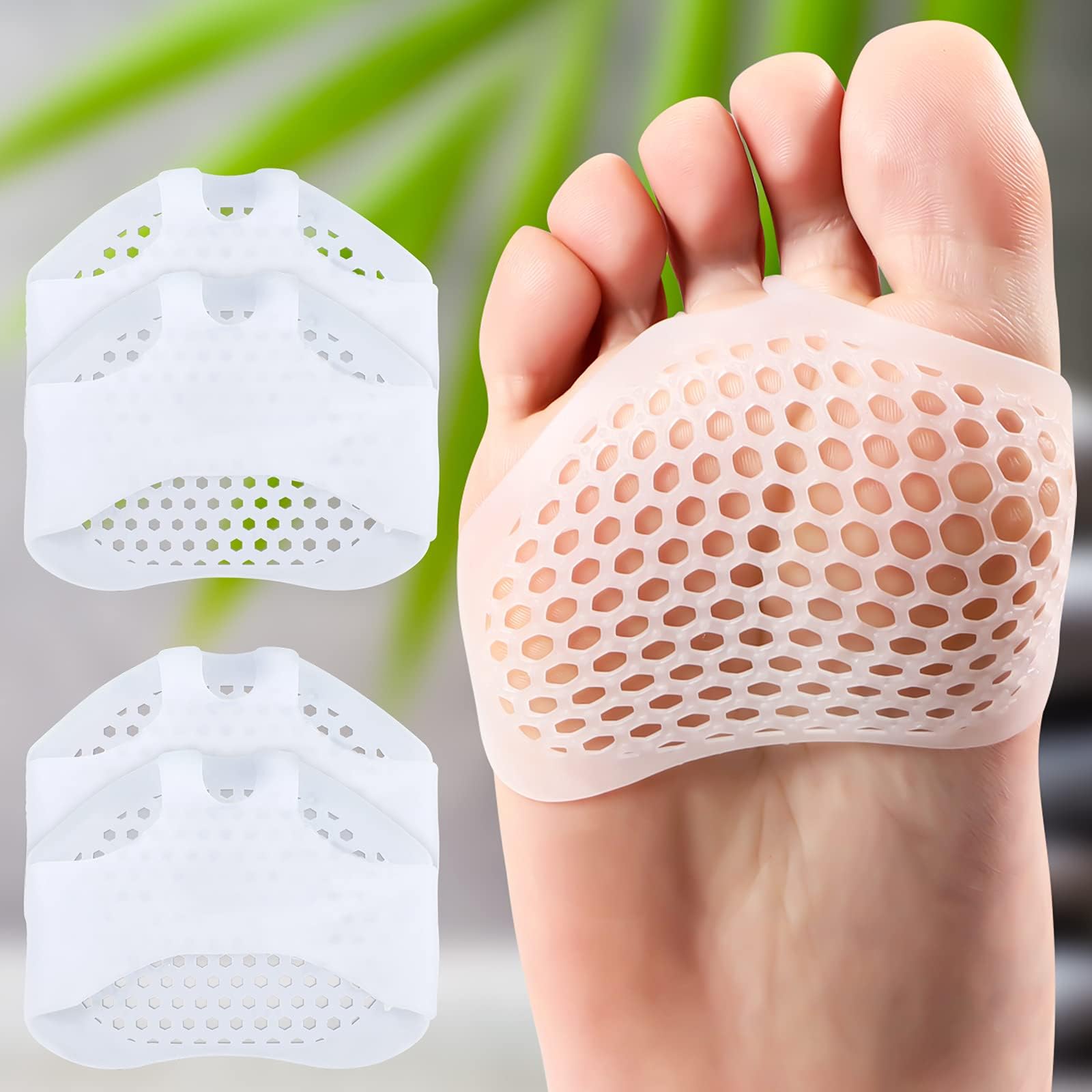 2 Pairs Ball of Foot Cushions Breathable Silicone Front Foot Pad Anti-Slip Insole for Pain Relief, Female Foot Protector, Soft Half-Yard Forefoot Pad for High Heels, Anti-Friction (White)