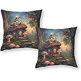 HDESDIS 2 Packs Abstract Forest Throw Pillow Covers for Living Room, Fantasy Frog Mushroom Plants Pillow Covers Cushion Case for Couch Sofa Bed, 18x18 inch