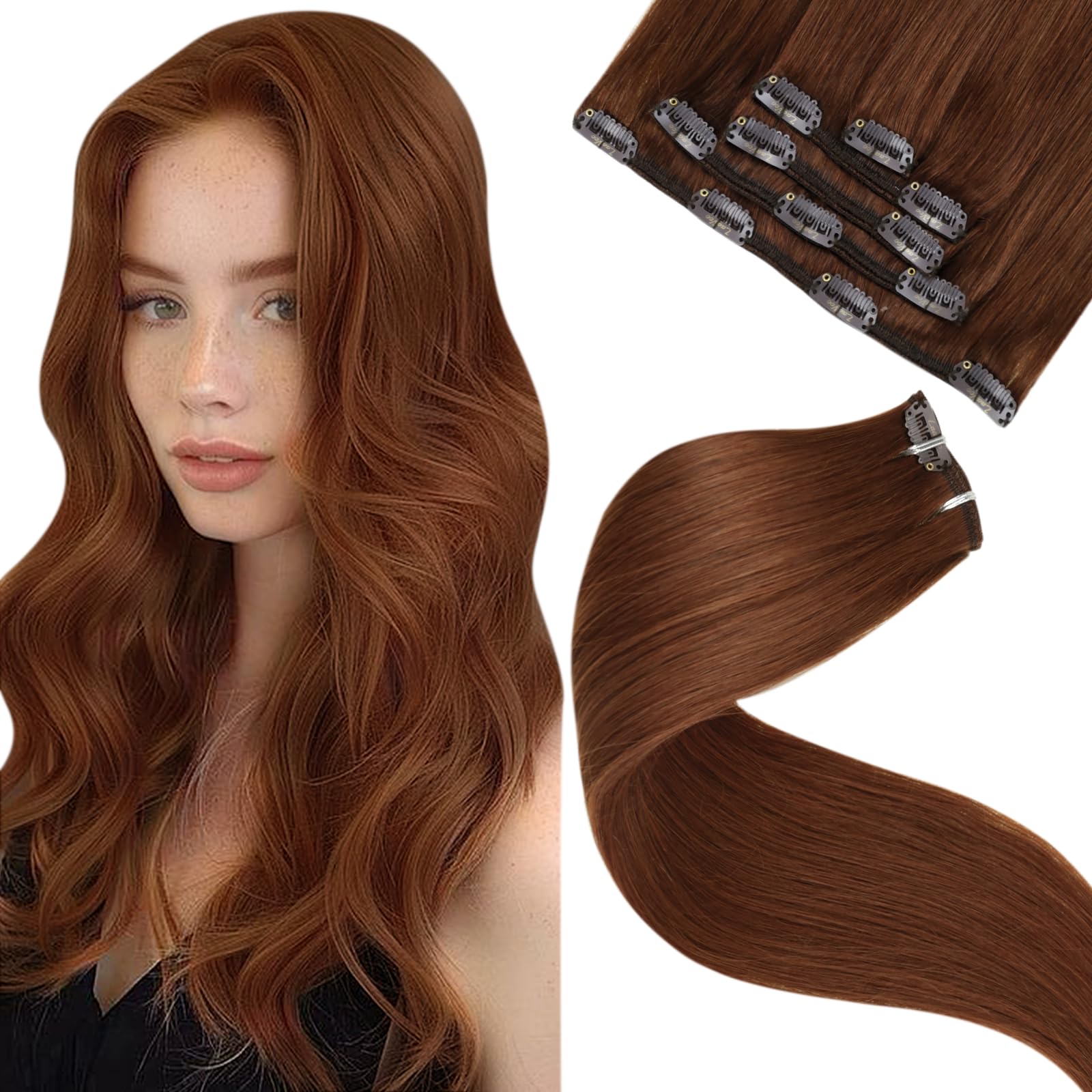 LaaVoo Clip in Hair Extensions Real Human Hair Brown Hair Extensions Clip in Straight Red Brown Remy Hair Full Head Double Weft 80g 5pcs 22 Inch #33