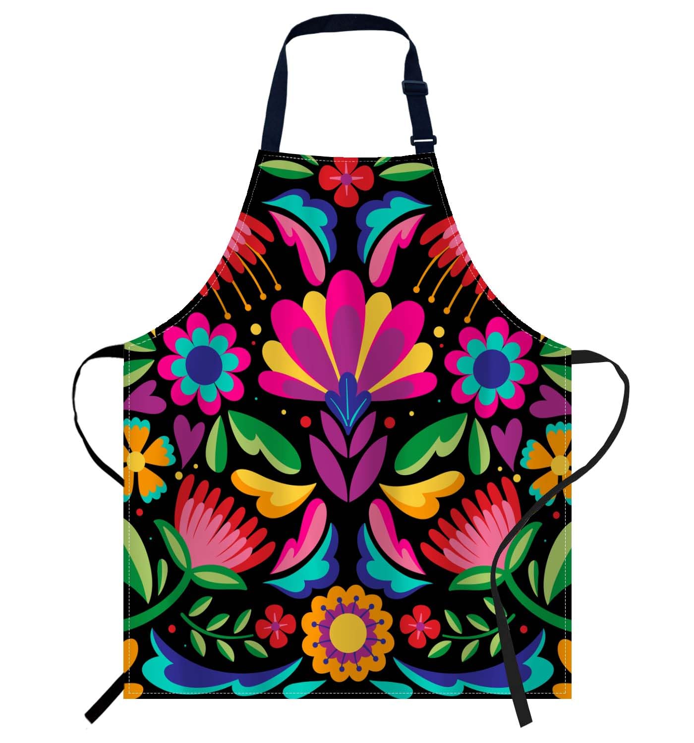 Smooffly Colorful Mexican Floral Apron,Adjustable Neck Bib Apron for Men Women,Suitable for Kitchen Cooking Waitress Chef Apron