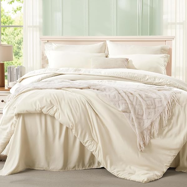 ANLUOER CREAM QUEEN COMFORTER SET 7 PIECES, BED IN A BAG WITH SHEETS, ALL SEASON BEDDING SETS WITH 1 COMFORTER, 2 PILLOW SHAMS, 2 PILLOWCASES, 1 FLAT SHEET, 1 FITTED SHEET