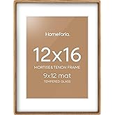 Homeforia 12x16 Natural Wood Frame, Mortise & Tenon Light Oak 12 x 16 Picture Frames with Mat 9 by 12 for Wall, 12by16 Wooden Photo Frames Matted to 9x12 inch Print, Tempered Glass, Wall Kit, Set of 1