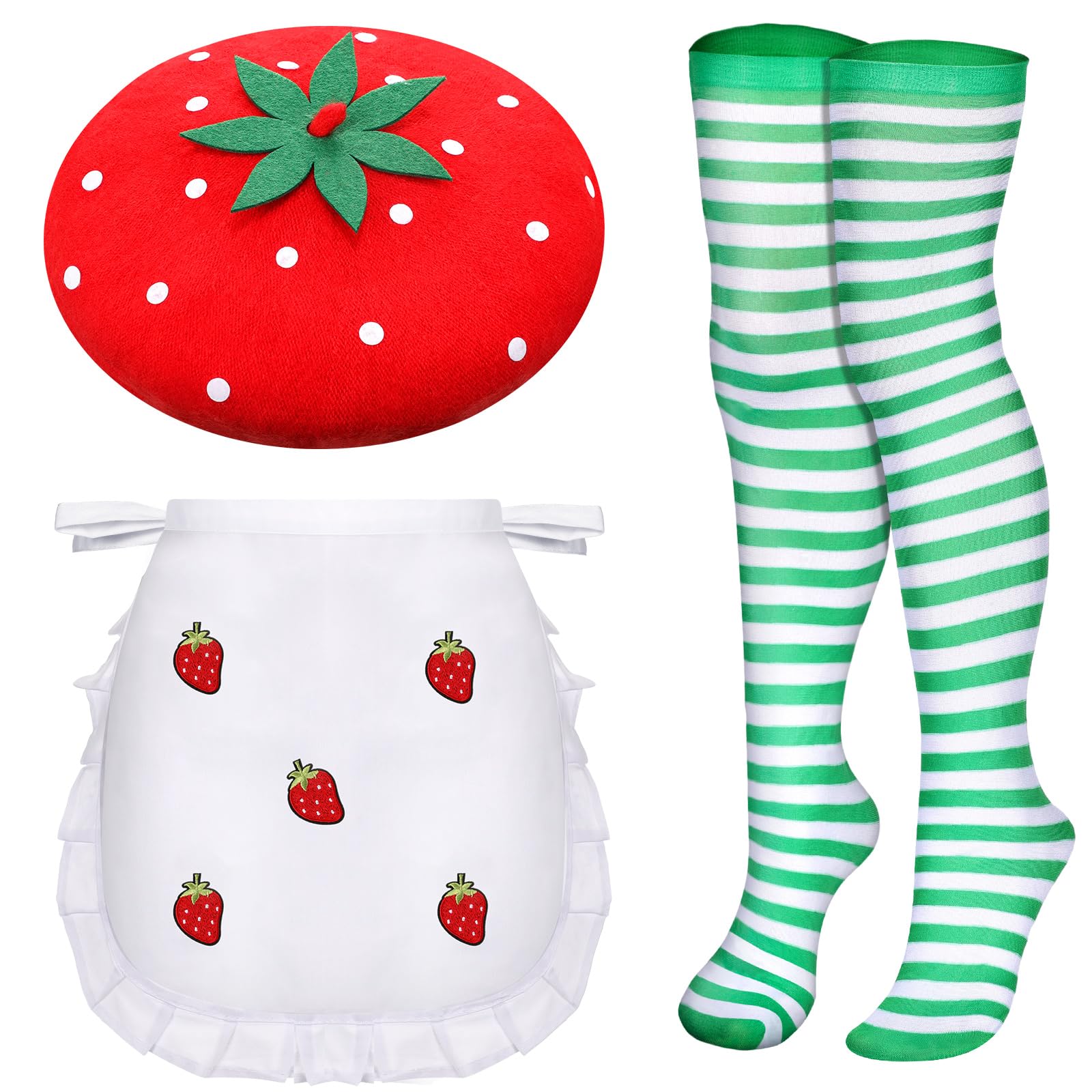 Photo 1 of Coume 4 Pcs Halloween Strawberry Cake Costume Beret Hat Maid Cosplay Apron Women Striped Socks Group Team Game Night Party(Green,Strawberry)