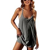 Lentta Womens Athletic Sleeveless Mini Dress with Built-in Shorts V Neck Spaghetti Strap Sundress