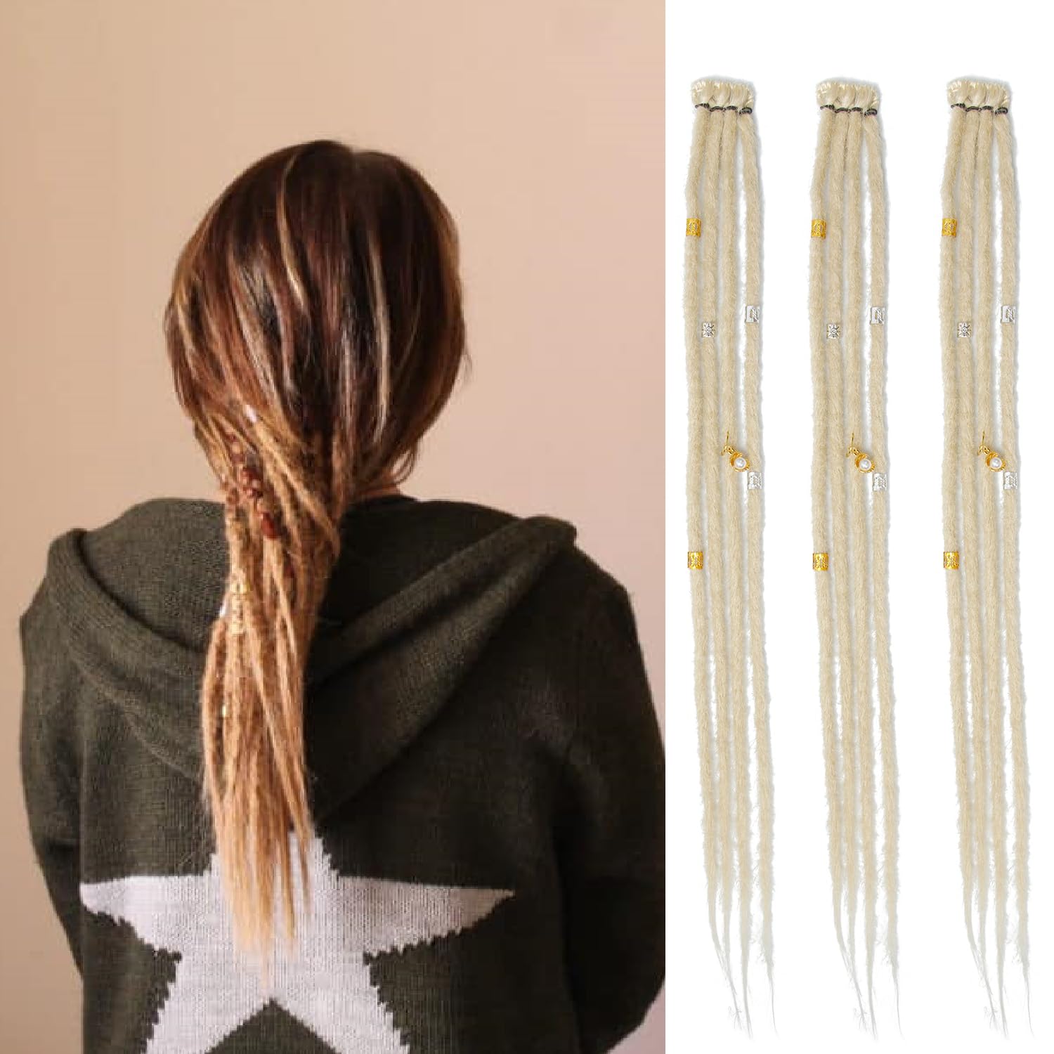 Dsoar Thin Dreadlock Extensions with Clips 20 Inch Clip In Dreads Handmade 3Pcs Crochet Loc Extensions(613#)