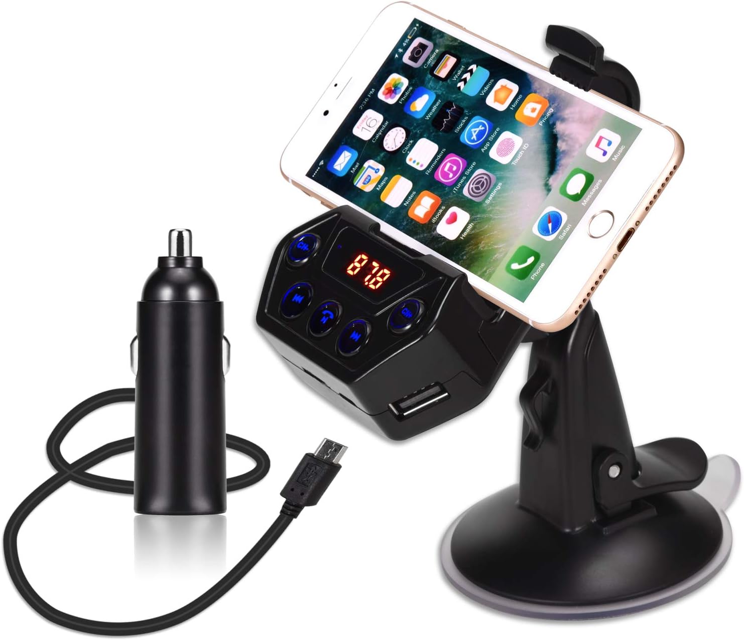 3 in 1 Wireless Bluetooth FM Transmitter Car Kit, Cell Phone Mount Holder with Car USB Charger, Hands Free Calling GPS and MP3 Player for iPhone Samsung Smart Phones for Cars and Trucks