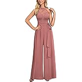 Miusol Women's Sexy Halter Neck Sleeveless Floral Lace Casual Jumpsuit With Belt