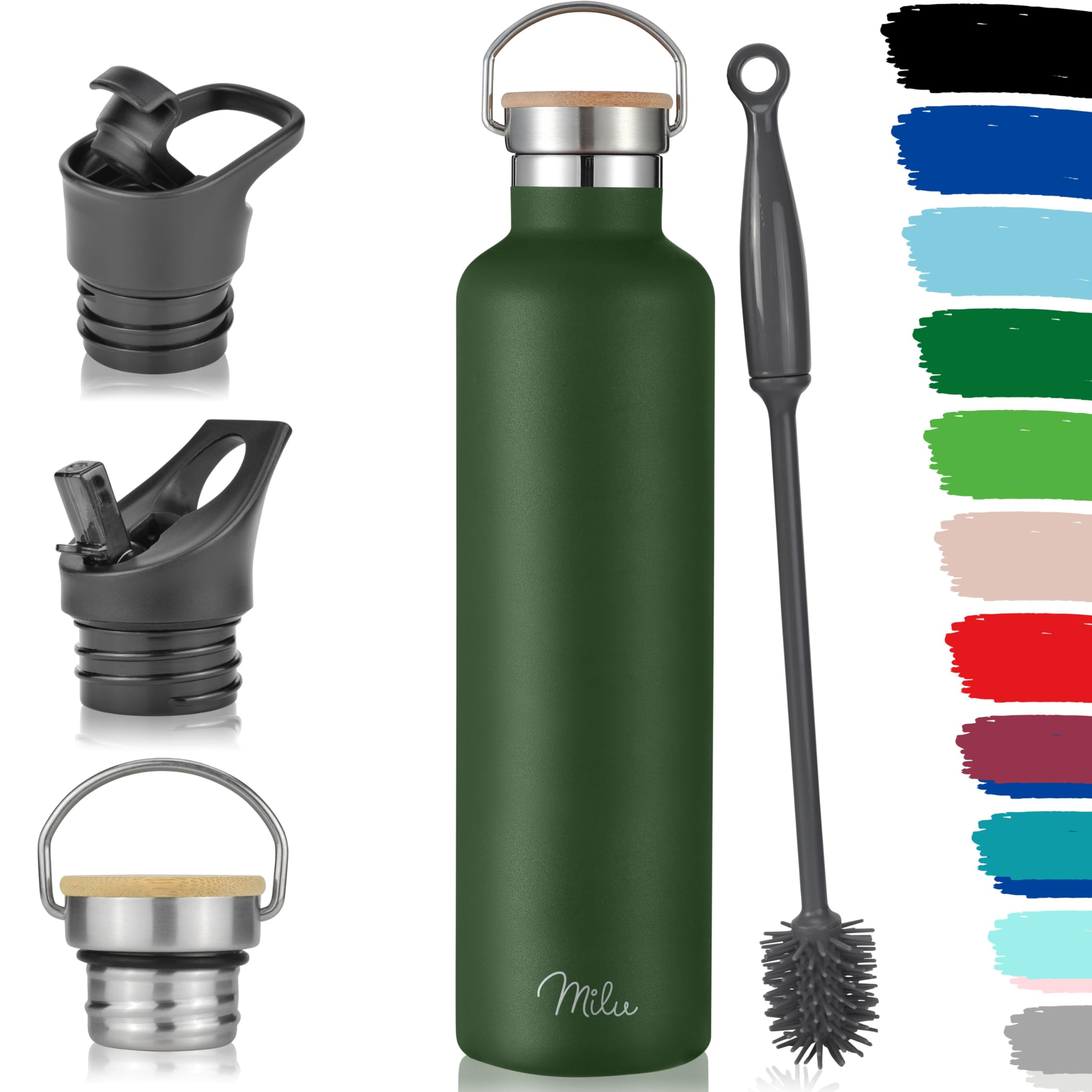 Milu Stainless Steel Drinking Bottle 350ml, 500ml, 750ml, 1l (+3 Lids) - Thermo Bottle with Straw, Water Bottle, for Hot, Cold & Carbonated Drinks (Olive Green, 1000ml)