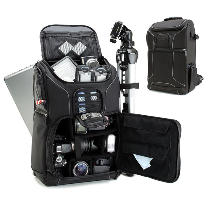 USA GEAR Digital SLR Camera Backpack w/15.6" Laptop Compartment Featuring Padded Custom Dividers, Tripod Holder, Rain Cover. Long-Lasting Durability & Storage Pockets - Compatible w/Many DSLR Cameras
