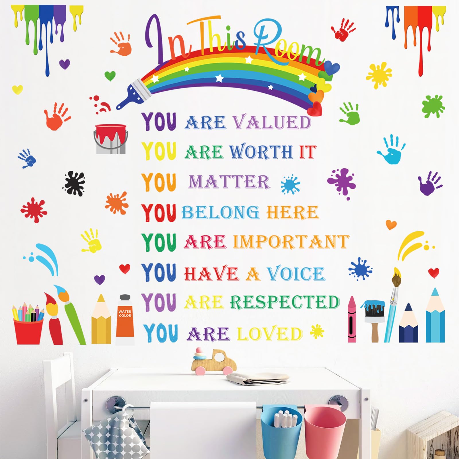 wondever Reading Corner Rainbow Wall Decals Handprint Kids Inspirational Quotes Peel and Stick Wall Art Stickers for Reading Room Classroom Kids Room