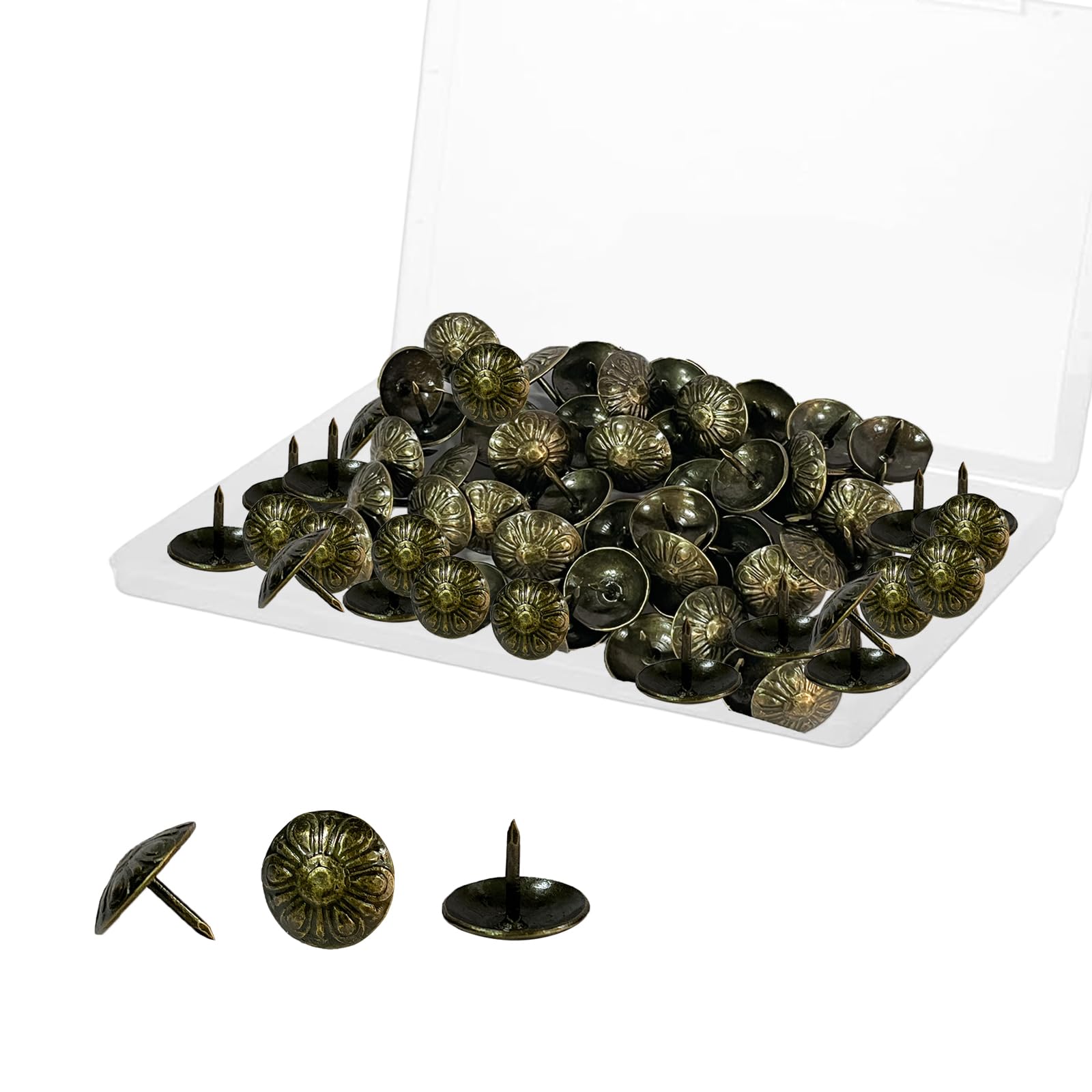 Sicheii 16 x 13 mm Upholstery Tacks for Furniture with Box, 100Pcs Daisy Decorative Tacks Nail Heads, Antique Thumb Tacks for Wood, Upholstery Nails Pins Pushpin for Sofa Decor DIY Supplies