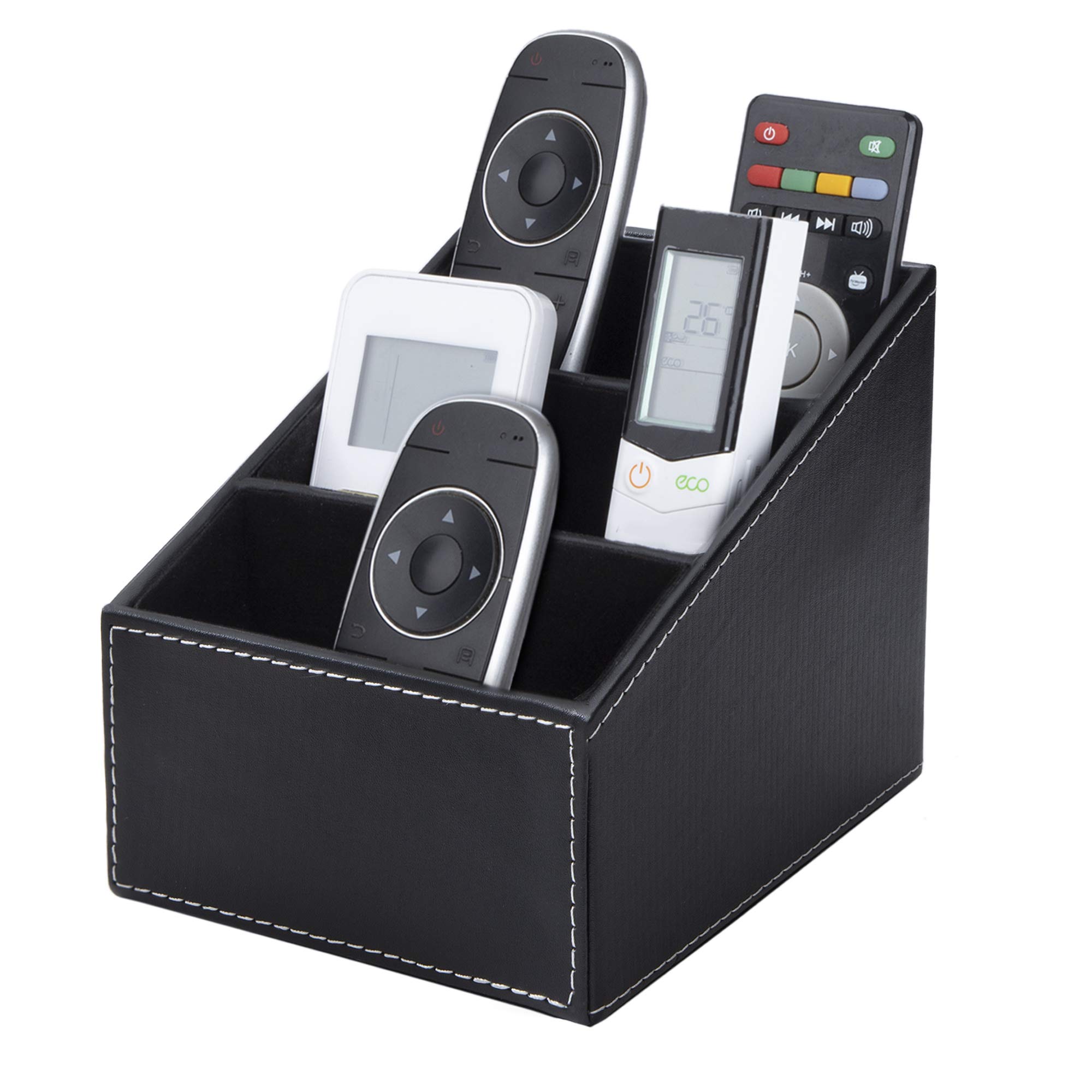 MoonSing Tv Remote Control Holder Organizer Box with 3 Compartment, PU Leather Office Desk Pen Holder, Desktop Storage Caddy for Makeup Brush, Pencil, Glasses and Media Accessory
