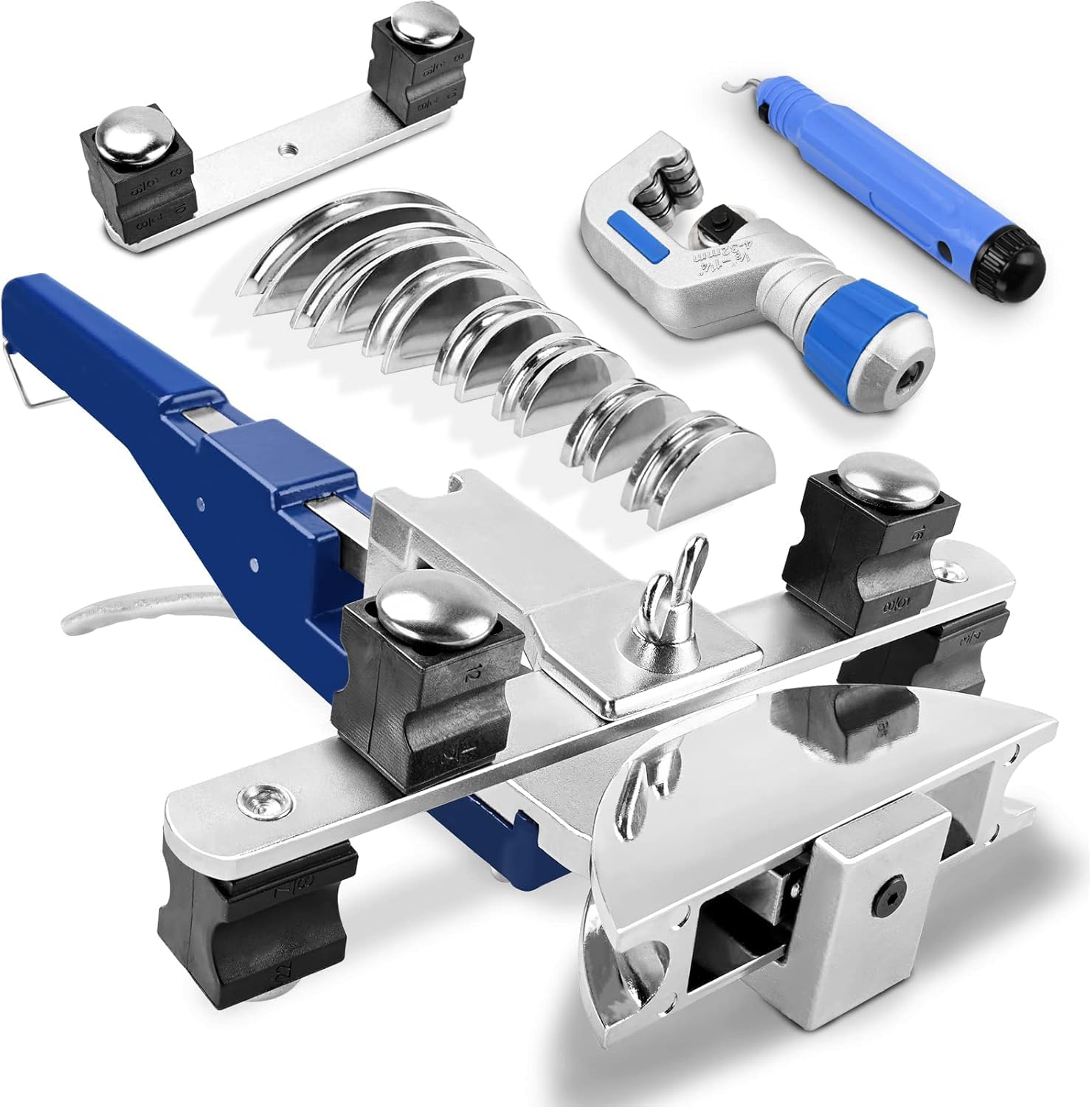 Photo 1 of *********************missing parts including handle******************
Wisscool  Tubing Bender Kit, 1/4"-7/8" Compact Tube Bender Tool Set, 90°Forward/Reverse Pipe Bending HVAC Tools Equipment with 7 Dies and Pipe Cutter for Copper Steel Aluminum Brass Tub