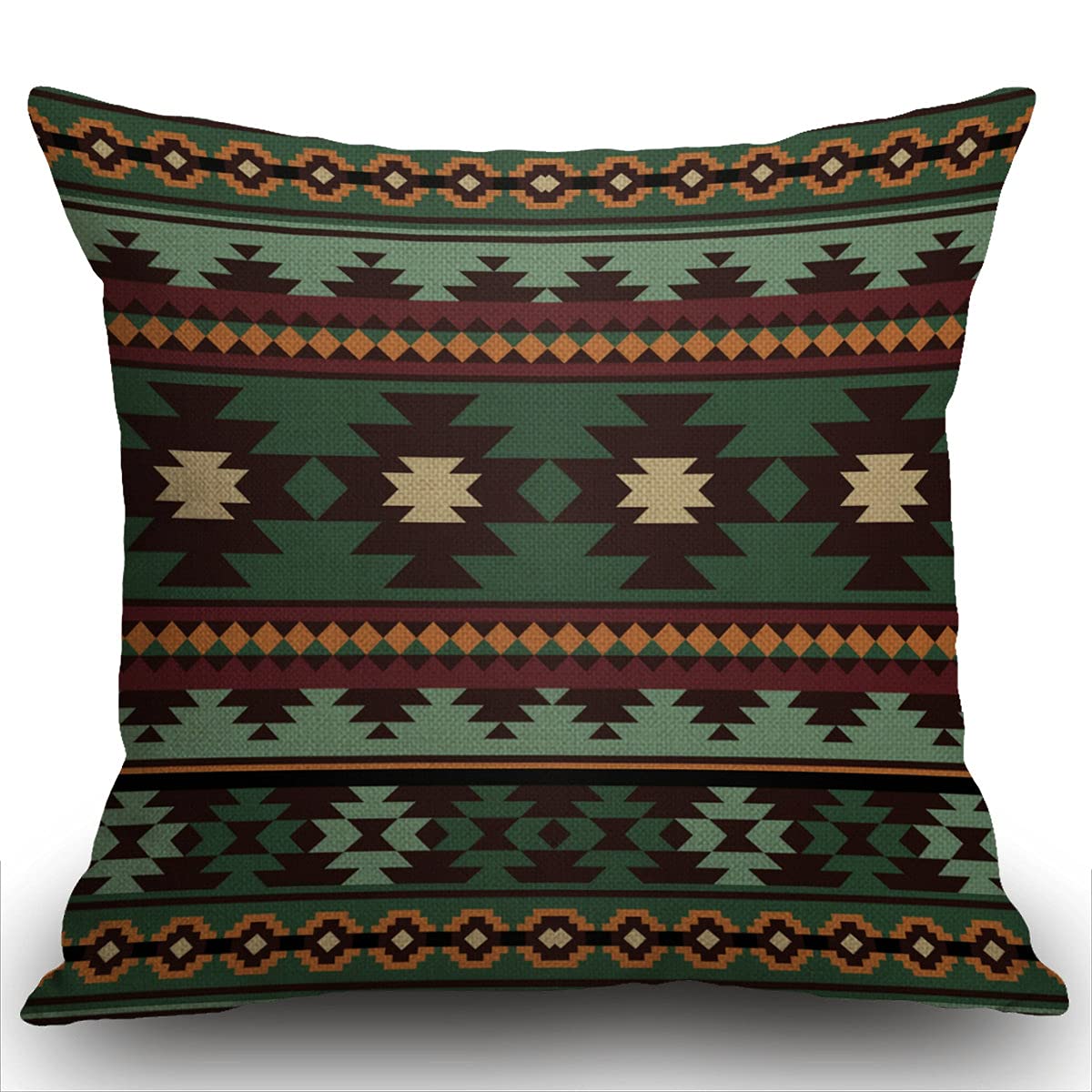 Smooffly Cotten Linen Cushion Cover Southwest Tribal Green Brown Decorative Square Throw Pillow Case Pillowcase for Couch Livingroom Sofa Bed 45cm x 45cm,18x18 Inches