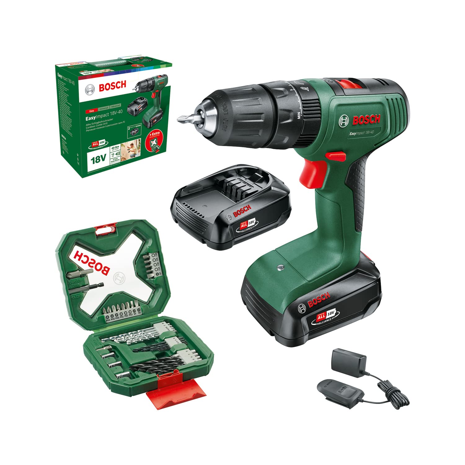 Bosch Home and Garden Akku Schlagbohrschrauber EasyImpact 18V-40 (2x Akku 2,0 Ah, 18 Volt System, mit 34-tlg. Schraubendreher- und Bohrer-Set für Holz, Stein und Metall, im Karton)