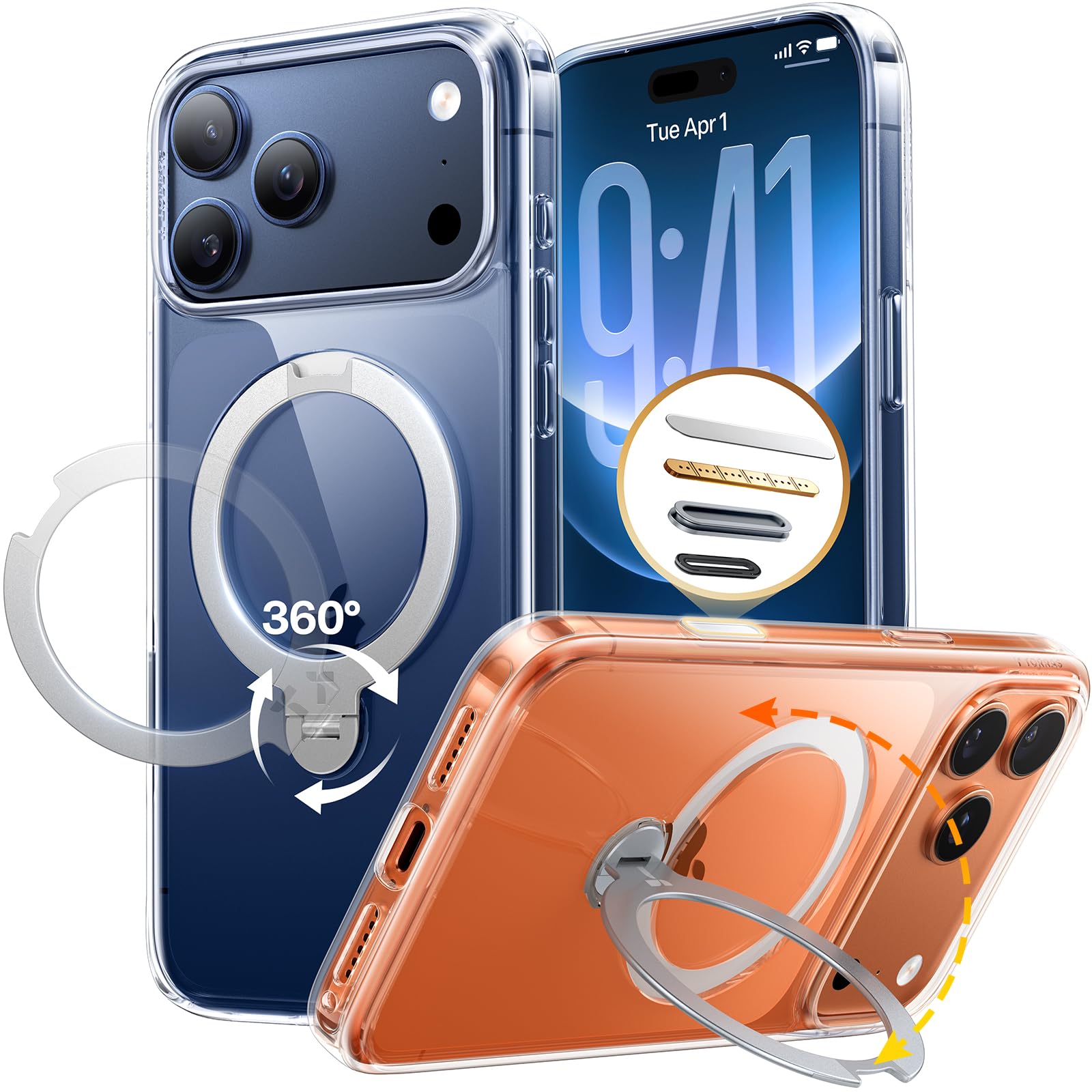 Photo 1 of **FEW SCRATCHES**TORRAS Q3 Spin for iPhone 17 Pro Case, Patented 360 Magnetic Stand, Fit for MagSafe, Built-in Ring Holder Kickstand, Mil-Grade Protective Case for iPhone 17 Pro, Camera Control, Clear