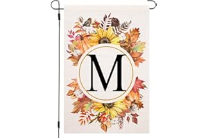 UTUICHUO Fall Monogram Letter M Garden Flag Maple Leaves Sunflower Pumpkin 12x18 Inch Double Sided for Outside Family Last Name Initial Yard Flag Seasonal Outside Decoration