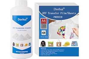 DORHUI DTF Transfer Powder Film Kit for DTF Sublimation Printer DTF Starter Kit Include 17.6oz White Digital Transfer Hot Melt Adhesive and 30 Sheets Double-Sided Matte Clear PreTreat Sheets