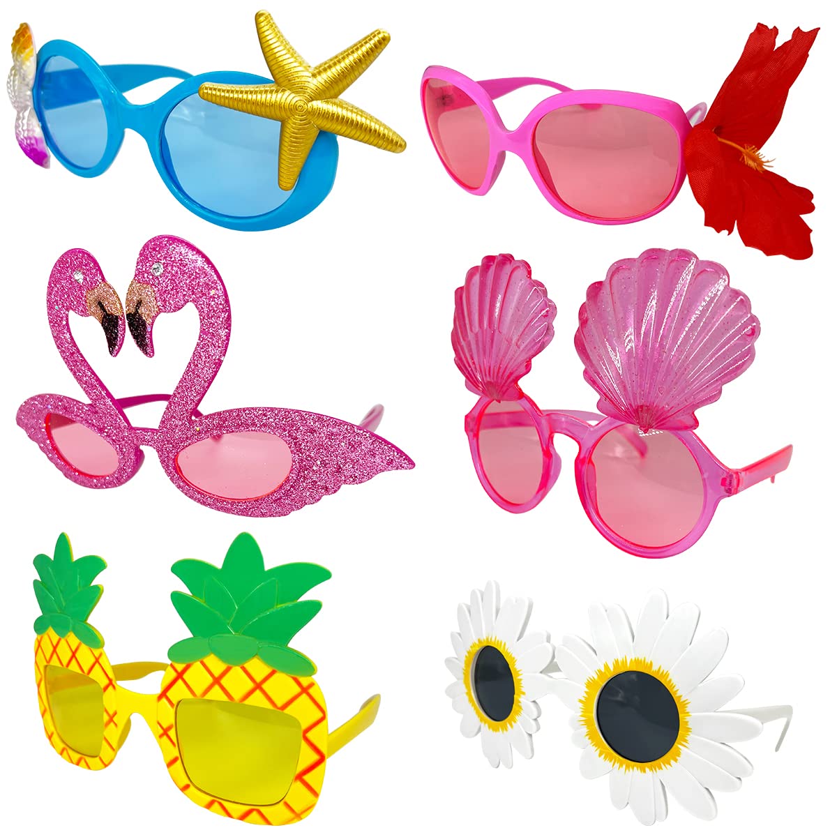 Luau Hawaiian Party Eyeglasses- 6Pcs Funny Hawaiian Sunglasses, Tropical Party Glasses Props, Fun Summer Kids Adults Party Favours, Beach Themed Party Supplies Decoration