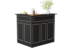 LITTLE TREE Black Bar Cabinet, 4-Tier Home Mini Bar with Stemware Rack, Freestanding Wooden Bar Table, Modern L-Shaped Liquor