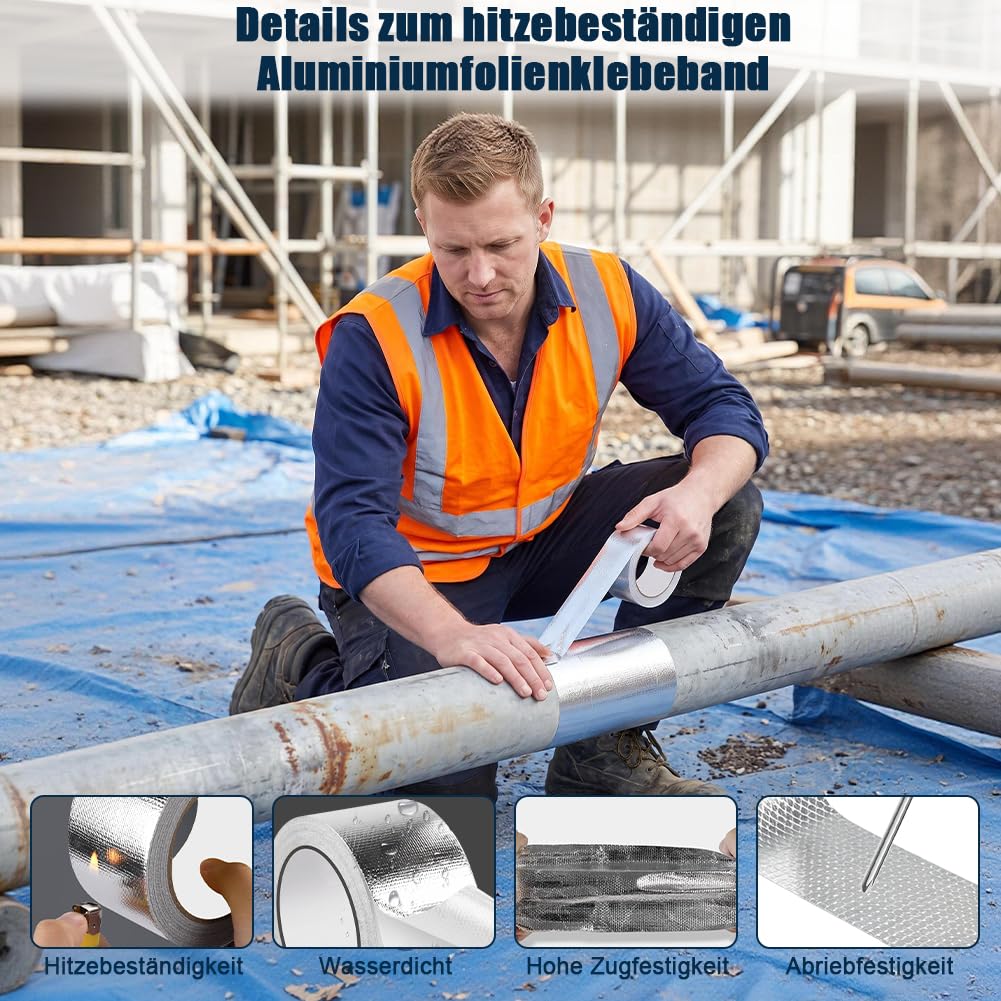 2 Rollen Hitzeschutzband Auspuff Selbstklebend 10m X 5cm mit 15 Stück Edelstahlkabelbinder, Aluminium Klebeband Hitzebeständig , Auspuffband Auspuffbandage Reparaturset für Auto Motorrad Krümmer 5