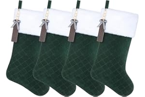Shgngle Green Velvet Quilted Personalized Christmas Stocking,19.5 Inch Fireplace Hanging Stockings with Blank Wooden Tags DIY Name,Family Holiday Decorations and Xmas Gift(Green 4Pcs)