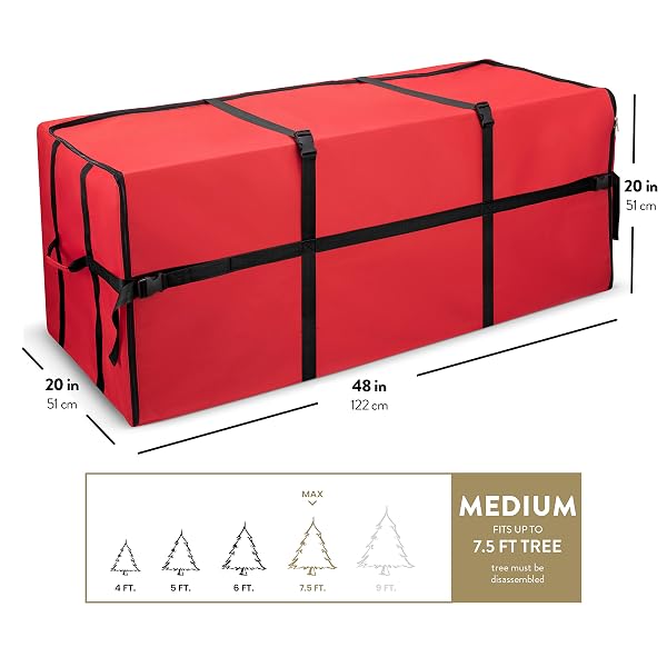 ZOBER WIDE CHRISTMAS TREE STORAGE BAG – MAXIMUM ACCESSIBILITY – FITS 7.5 FT TREES – 600D OXFORD FABRIC CHRISTMAS TREE BAG FOR STORAGE BOX FOR XMAS – STRONG, DURABLE STRAPS & HANDLES – CARD SLOT – RED