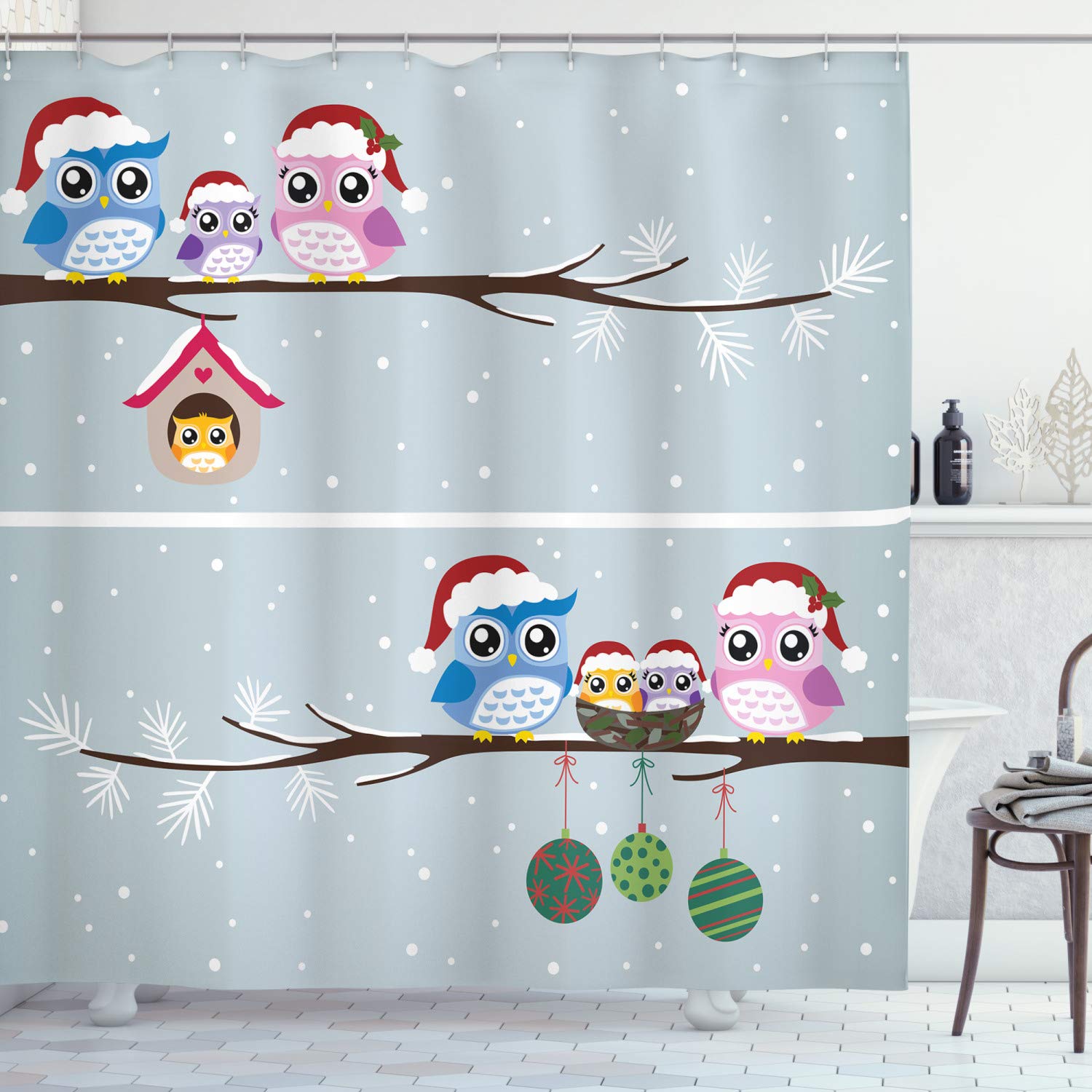 ABAKUHAUS Christmas Shower Curtain, Owl Family with Santa Hats on Tree Branch with Babies in Nest Birds Snowy Winter Print, Cloth Fabric Bathroom Decor Set with Hooks, 94 Inches, Grey