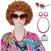 Yargel Hair Orange Wig for Women Landlady Costume Red Orange Curly Synthetic Wig With Hot Pink Jewelry Necklace+Earrings+Glasses Ginger Wigs For Cospaly Halloween Party Use