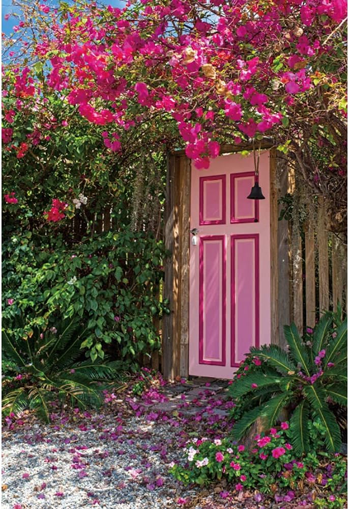 Haoyiyi 6.5x10ft Spring Garden Backdrop Pink Flower Floral Door Green Plant Country Path Photography Background Spring Summer Leisure Holiday Vacation Wedding Party Adult Child Kid Photo Studio Props