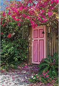 Haoyiyi 6.5x10ft Spring Garden Backdrop Pink Flower Floral Door Green Plant Country Path Photography Background Spring Summer Leisure Holiday Vacation Wedding Party Adult Child Kid Photo Studio Props