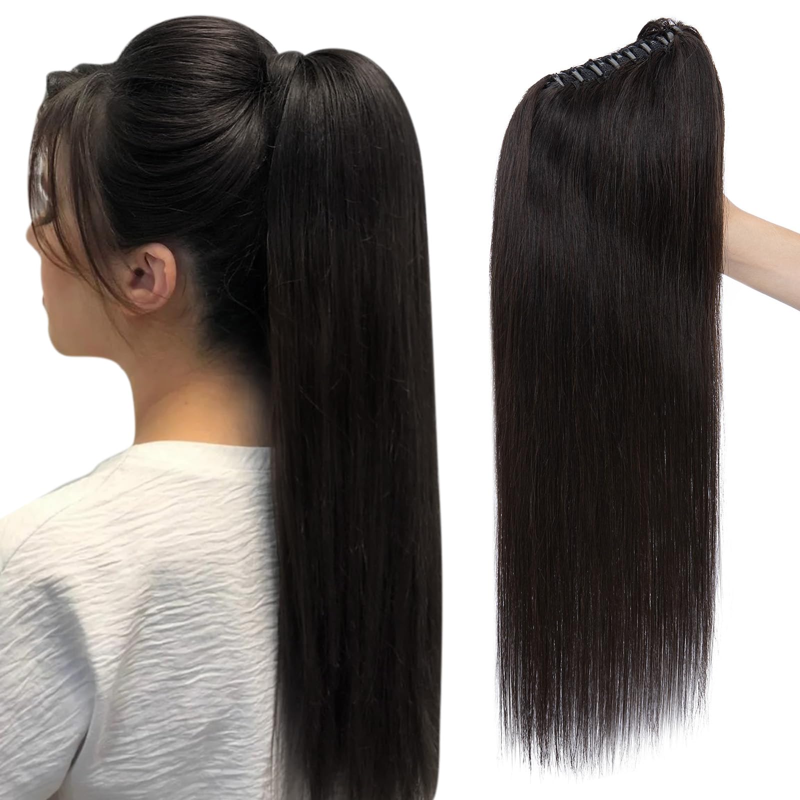 SEGOHAIR Claw Clip Ponytail Hair Extensions Human Hair, 22 Inch Ponytail Extension Natural Real Hair Straight Remy Hair Picecs-Natural Black(130g) — image 1