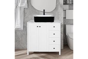 Puluomis 32-Inch Traditional Bathroom Vanity Set in White Finish, Single Bathroom Vanity with Marble Texture Top and 4 Drawers, Black and White Ceramic Sink Top with Single Faucet Hole